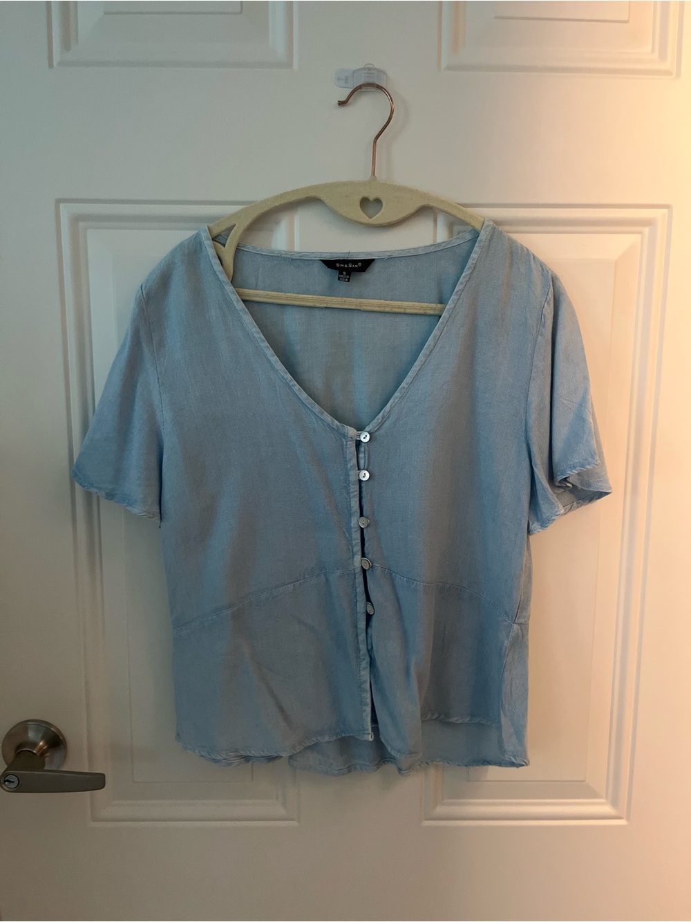Light Blue V-Neck Button-Down Short Sleeve Top